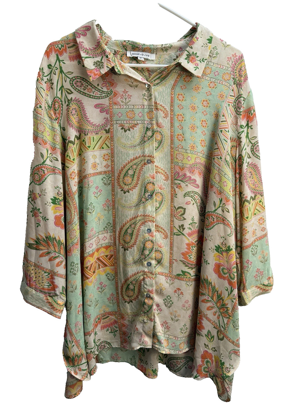Rose & Olive Women's Top Size 3X Pink Green Paisley Sheer 3/4 Sleeve Button up